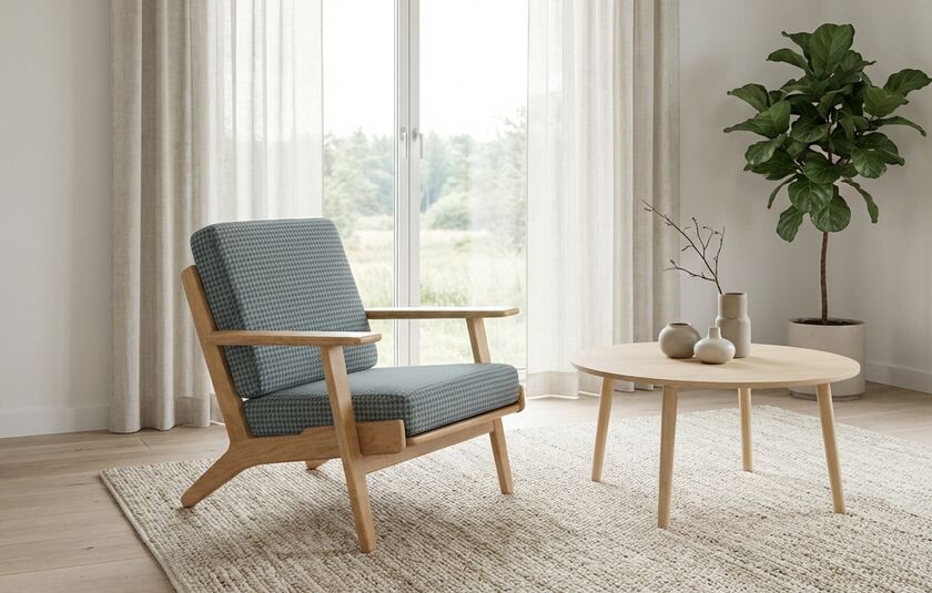 Stue med skræddersyede gardiner fra Maaho