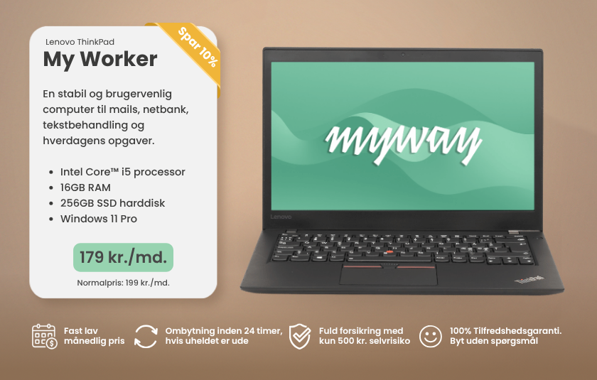 Forskellige typer bærbar computere som man kan leje hos MyWay med pris og andre praktiske informationer