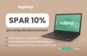 En sort PC fra MyWay med logo på skærmen samt oplysninger om rabat på 10%