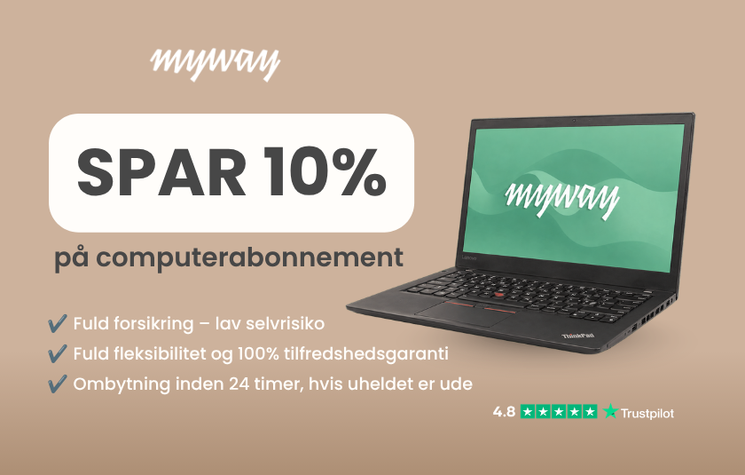 En sort PC fra MyWay med logo på skærmen samt oplysninger om rabat på 10%